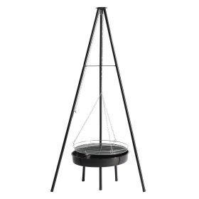 Campfire Tripod Grill, Adjustable Height BBQ Grill Grate with Fire Bowl for Outdoor Camping BBQ, Black