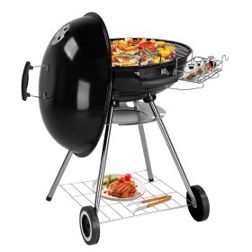 28-Inch Portable Charcoal Grill with Wheels and Storage Holder, Porcelain-Enameled Lid and Ash Catcher & Thermometer