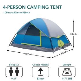 2/4 Person High Quality Camping Tent with Tent Fly, Easy Setup Dome Tent with Mesh Windows & Skylights, Lightweight Portable Tent for Outdoor Cam (Color: blue/four people)