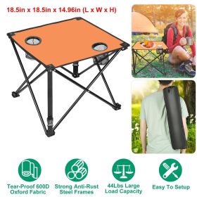 1Pc/2Pcs Options -- Foldable Camping Table Portable Picnic Table Lightweight Travel Desk with 2 Cup Holders Carrying Bag (Color: Orange, Quantity: 1Pc)