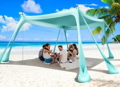 Beach Tent Sun Shelter 10x10ft Beach Canopy Easy Pop Up Sun Shade Portable UPF50+ with 8 Sandbags-2 Sand Shovel-4 Aluminum Poles-Ground Pegs for (Color: Turquoise   10x10 FT 4 Pole)