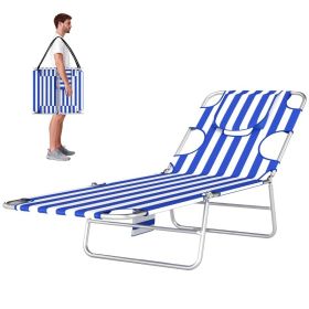 Anning Chair With Face Hole, 5-Level Adjustable Outdoor Chaise Lounge Chair With Pillow For Beach, Pool, Blue Stripes (Option: Blue Stripes Silver)